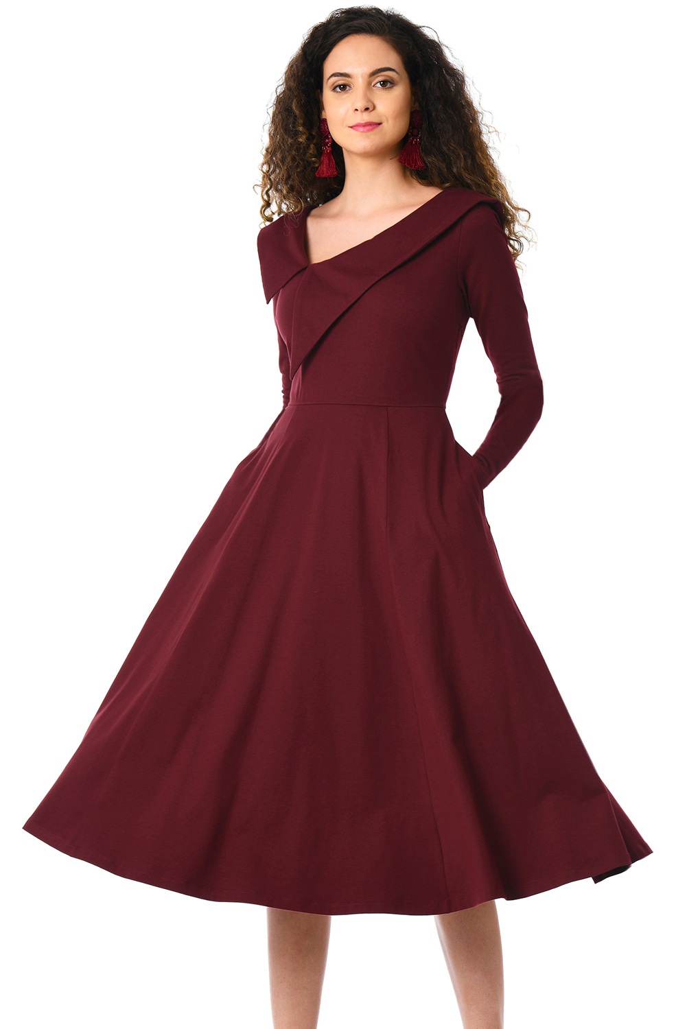 BY610388-3 Burgundy Retro Inspired Asymmetric Collar Flared Dress